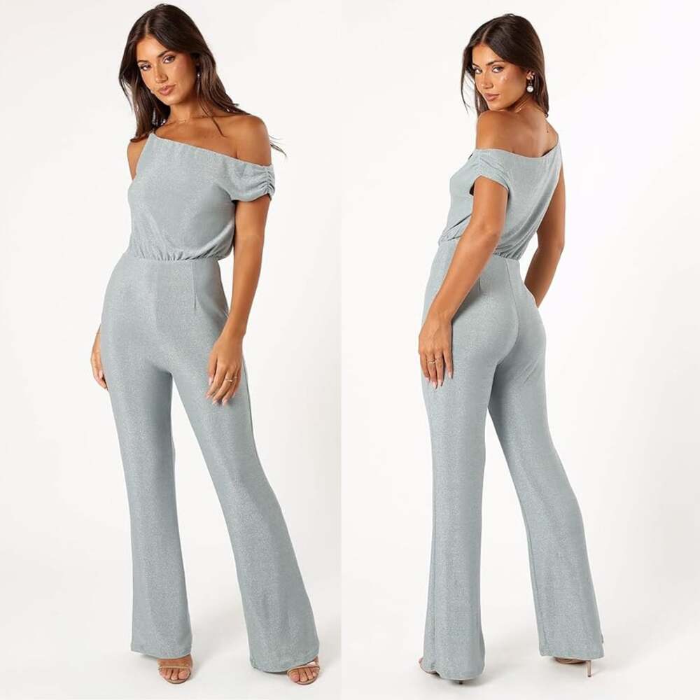 Petal & Pup Heather Women's Size XS Sage Gray Glitter One Shoulder Jumpsuit NWT